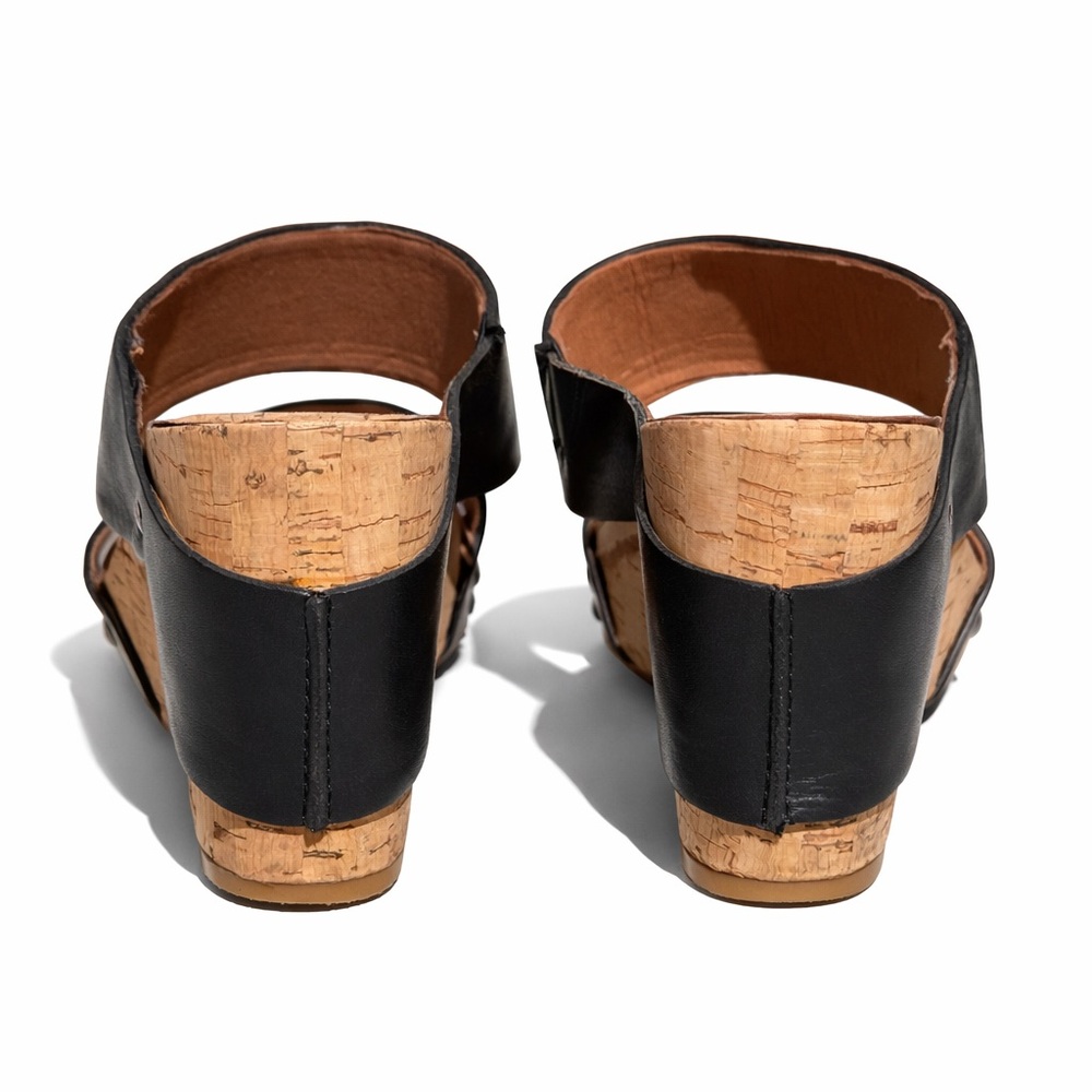 Lucky Brand Magnolia Cork Wedge Sandals Black Leather Slides Boho Comfort Size 8 - Picture 3 of 13